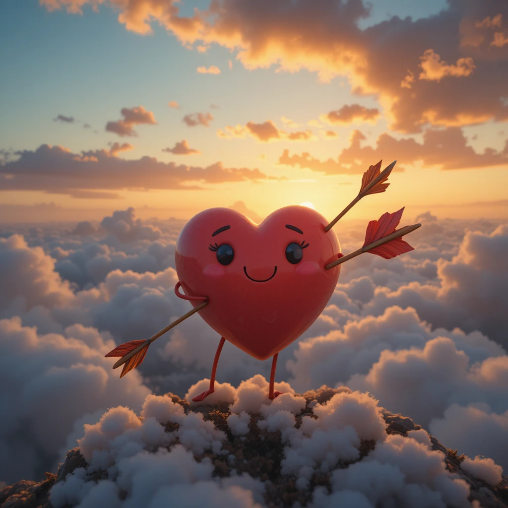 Cute smiling heart with arrow at colorful sunset sky