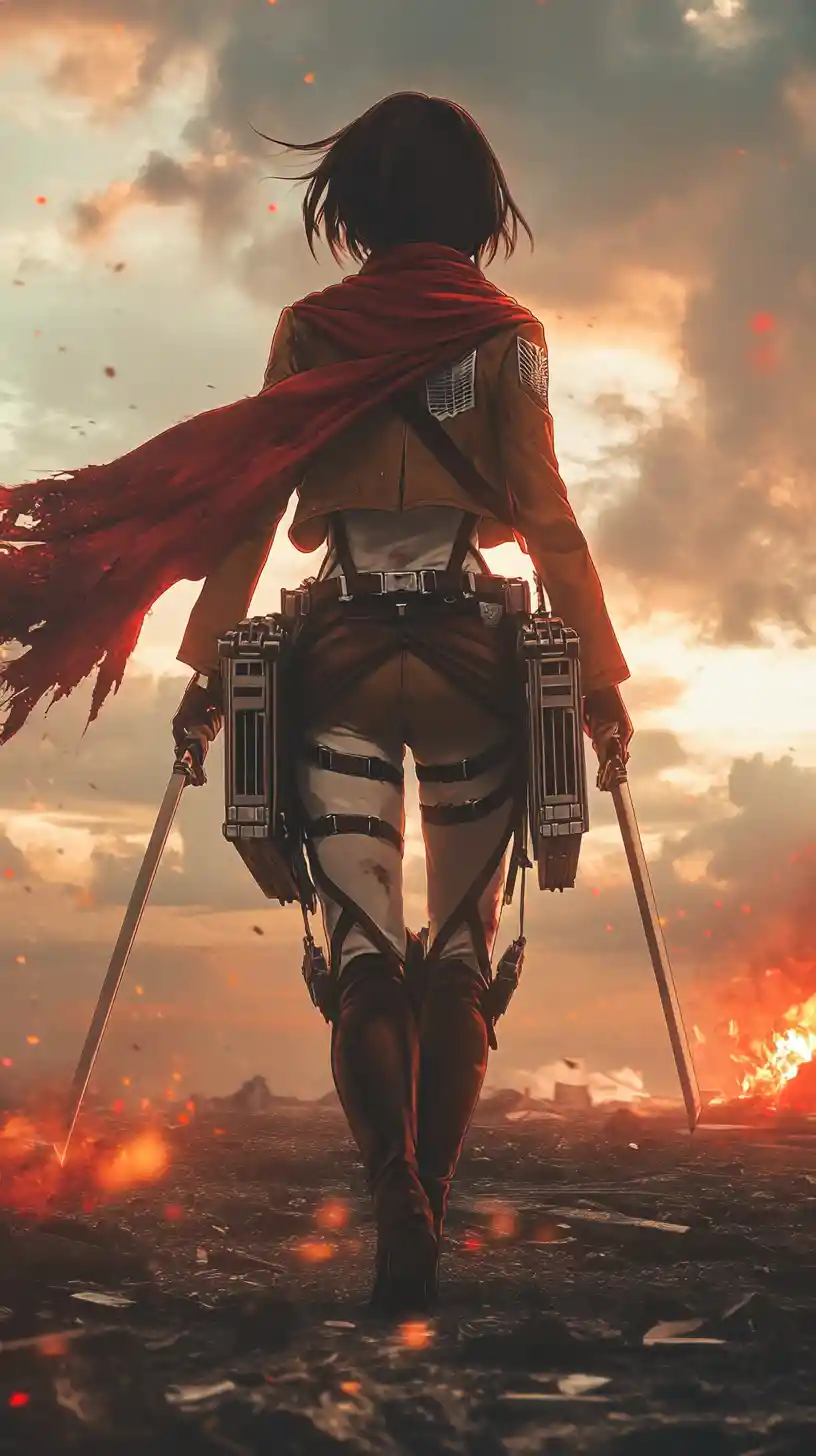 Anime warrior woman walking through burning ruins at dusk