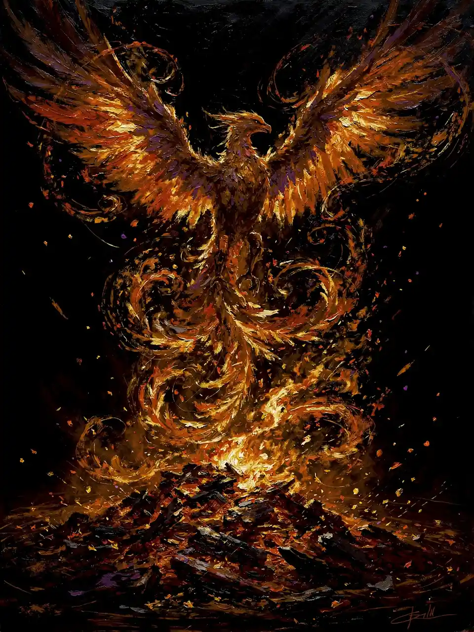 Majestic phoenix rising from glowing ashes in darkness