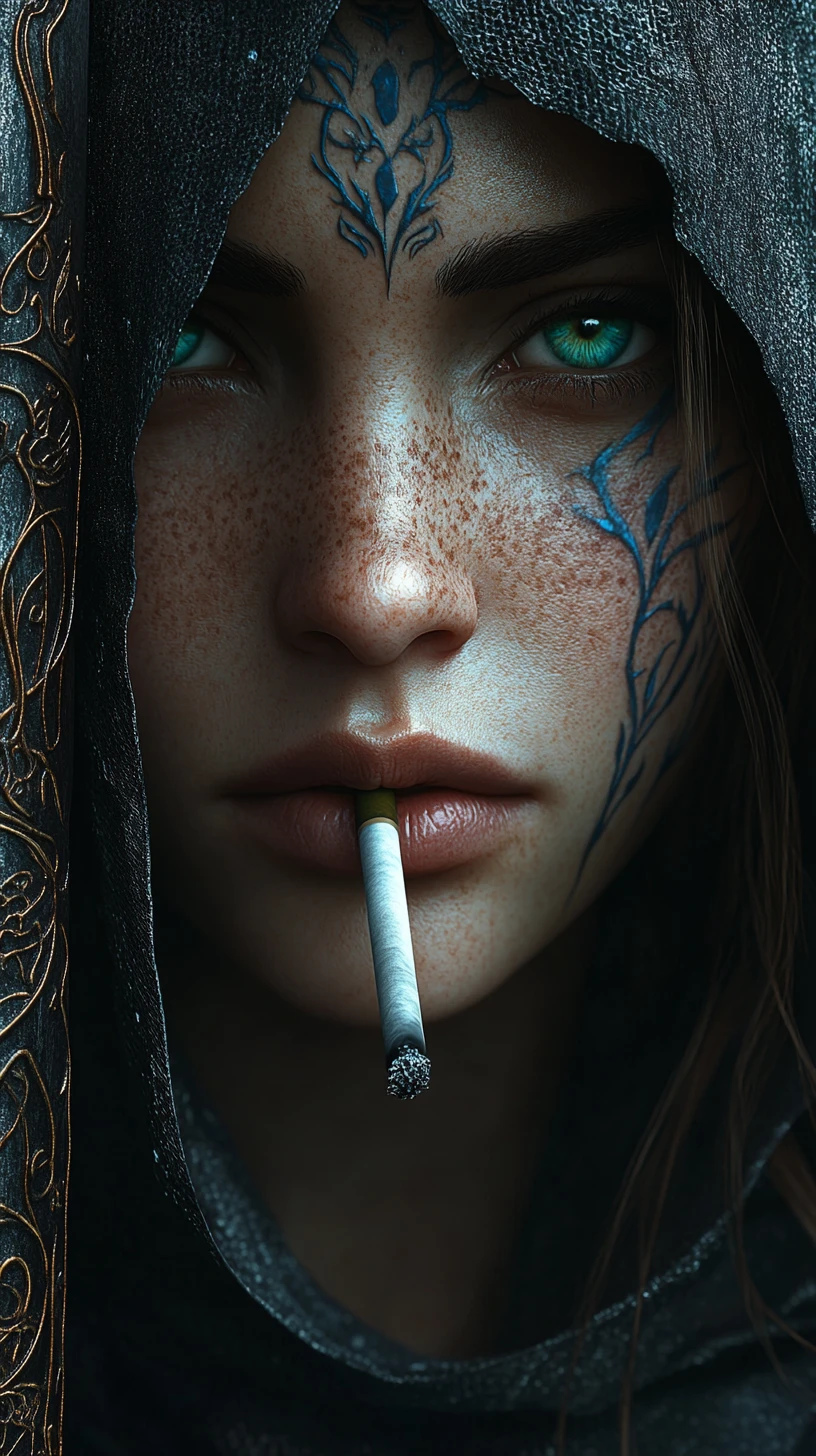Intense hooded warrior woman with sword and cigarette