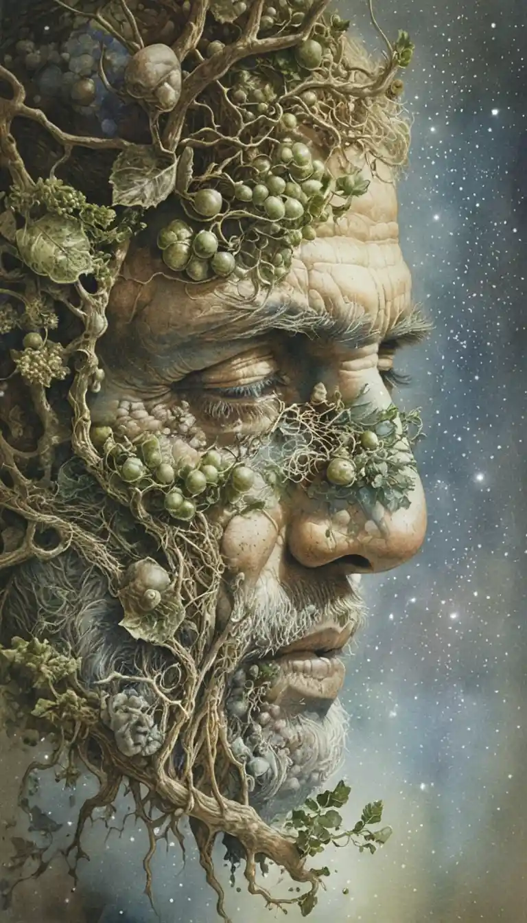 Perfil surreal de anciano entrelazado con exuberante hiedra verde