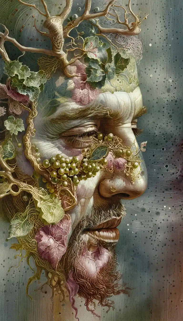 Elderly man in profile merging with ivy covered forest skin