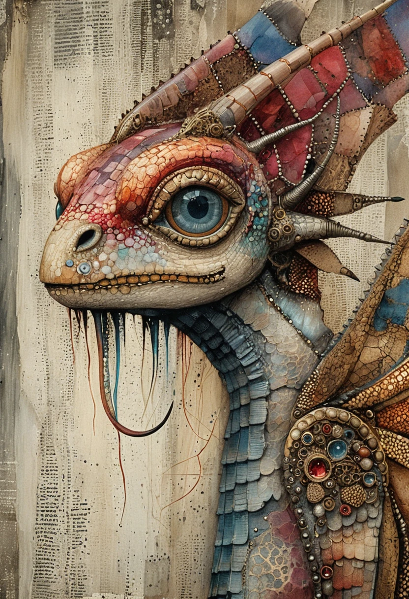Steampunk mixed media portrait of a fierce fantasy dragon