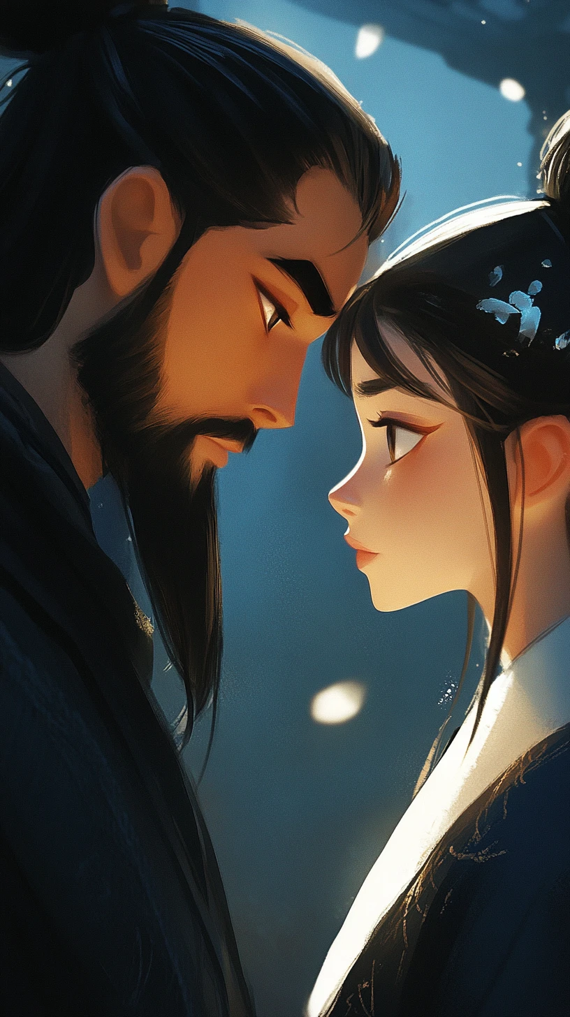 Casal íntimo em luz dramática em retrato estilo Disney
