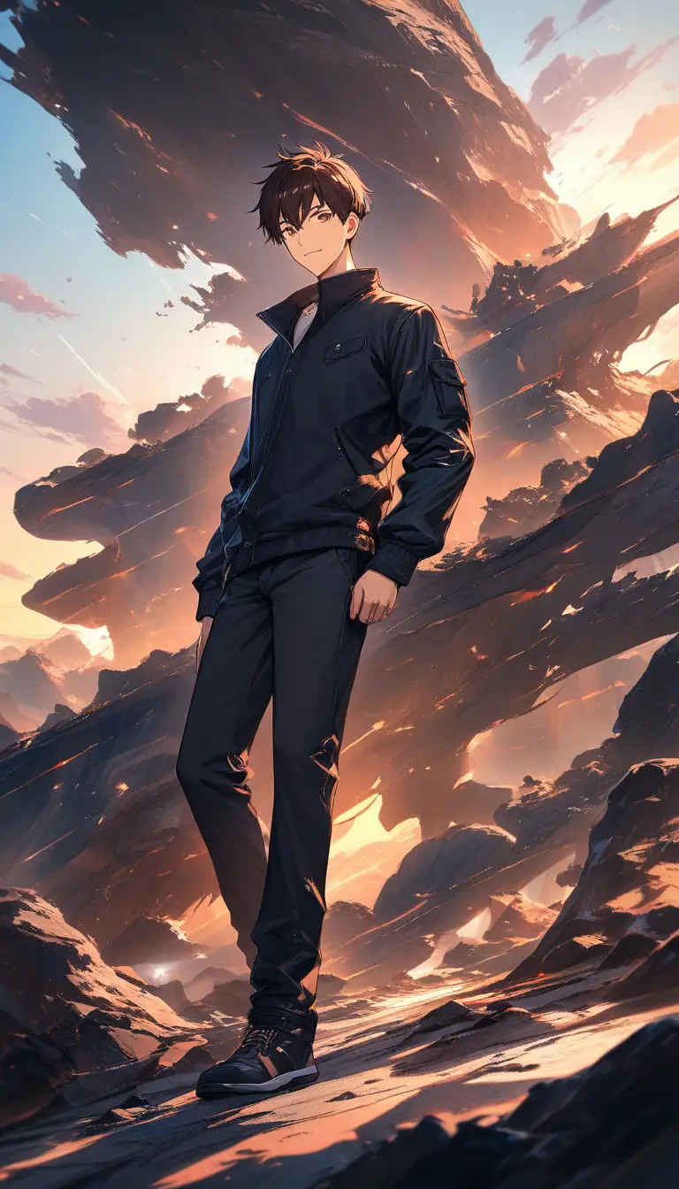 Joven confiado en estilo anime al atardecer