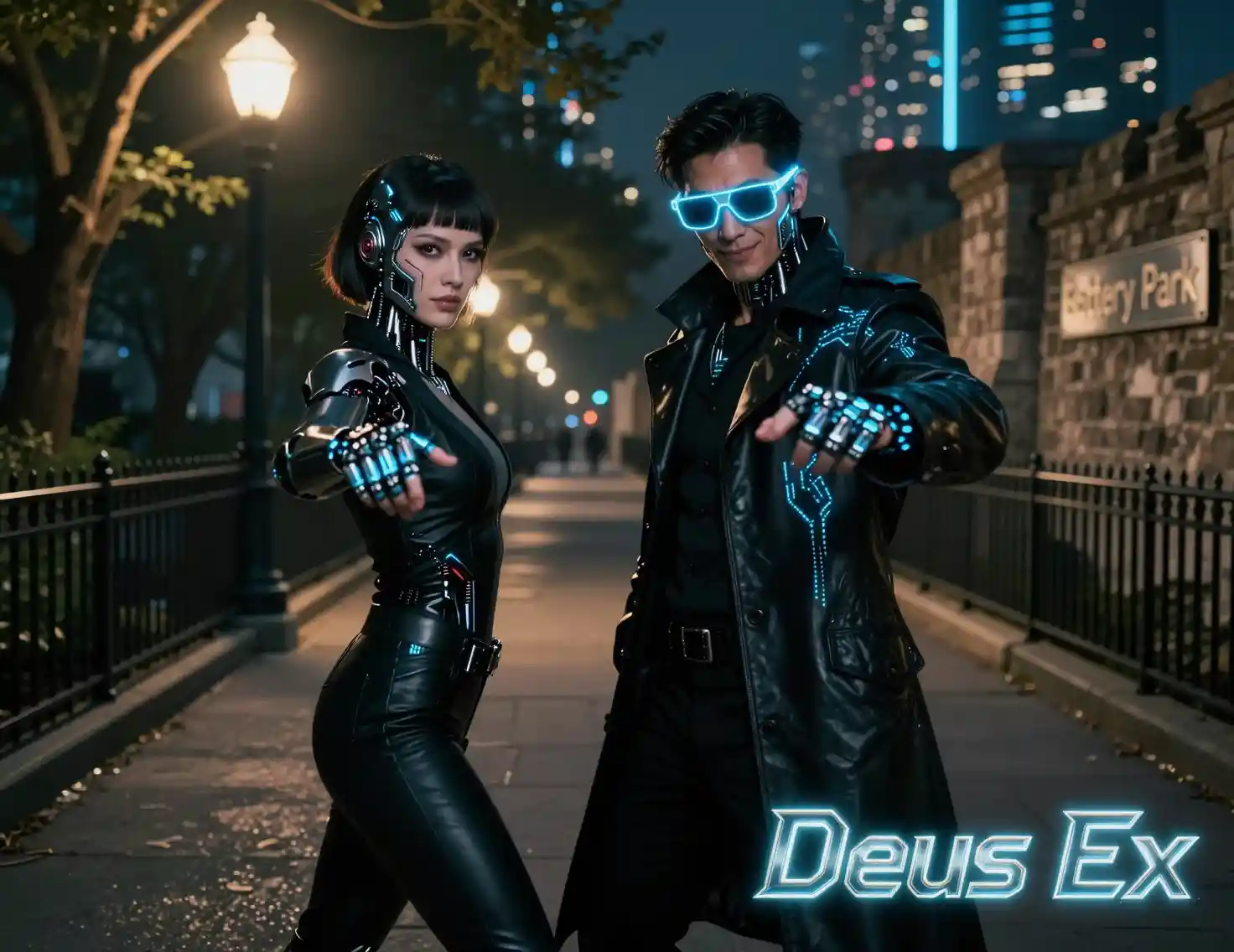 Cyberpunk-Cyborg-Partner auf einem Neon-Stadtweg