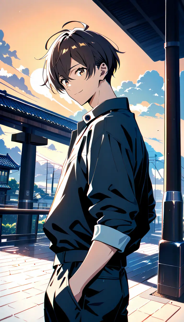 Joven confiado al atardecer en una escena exterior de anime