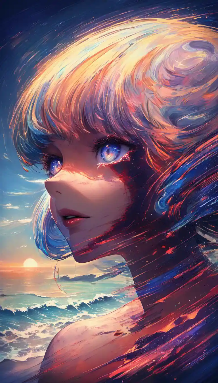 Crying anime girl lying alone on a desolate beach