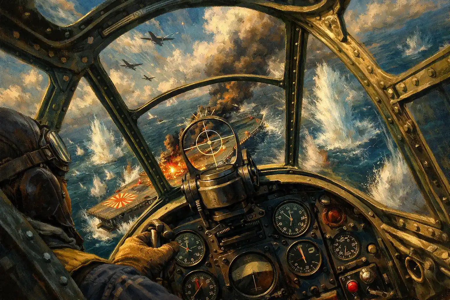 Dauntless cockpit diving toward a burning enemy carrier