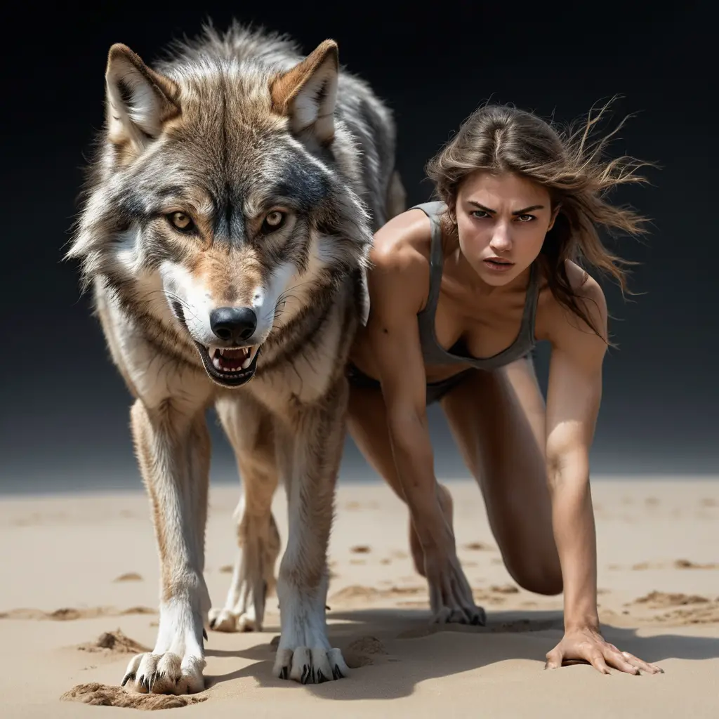 Fierce woman and wolf poised on sand in primal tension