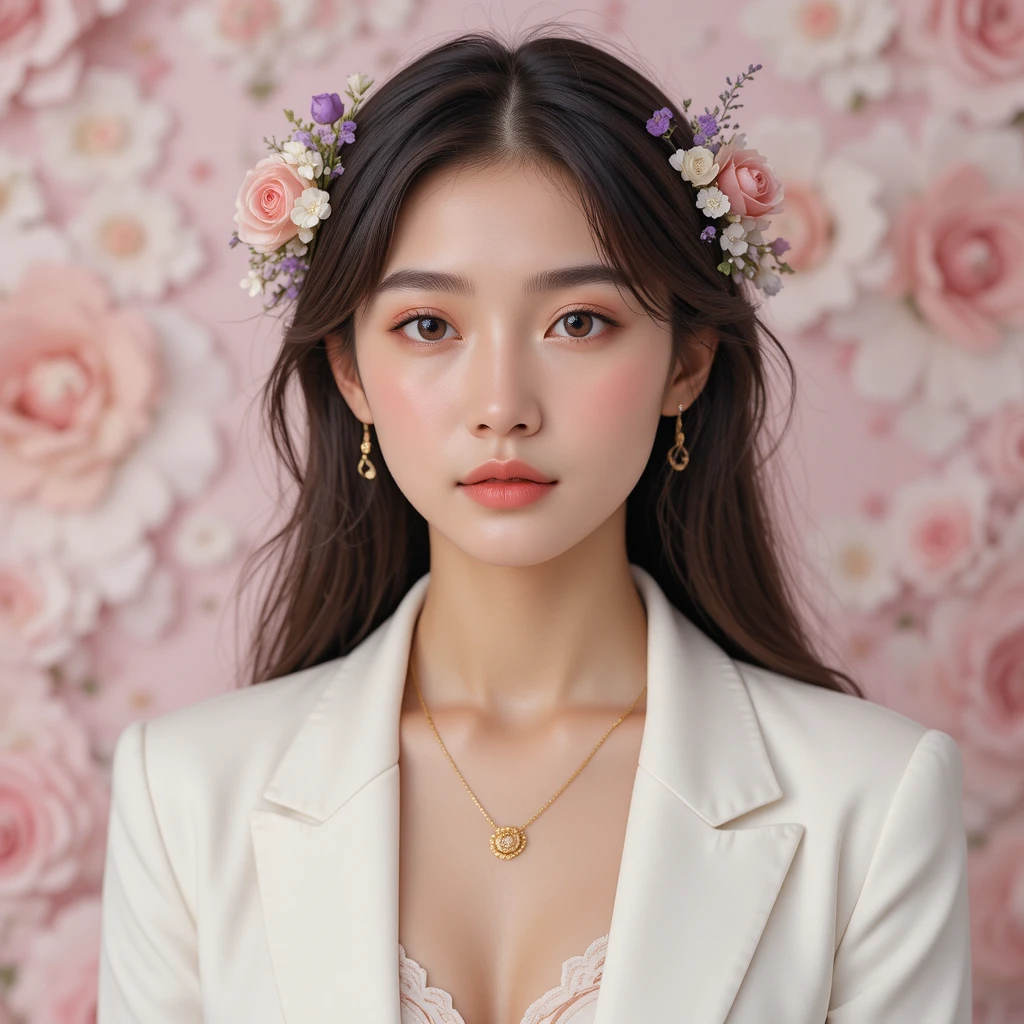 Elegant floral portrait of a serene young woman