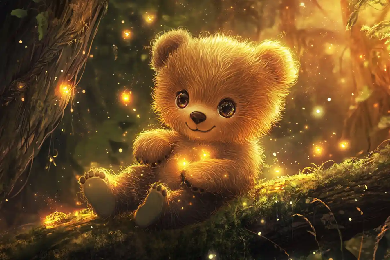 Cute baby bear on glowing log in enchanted forest