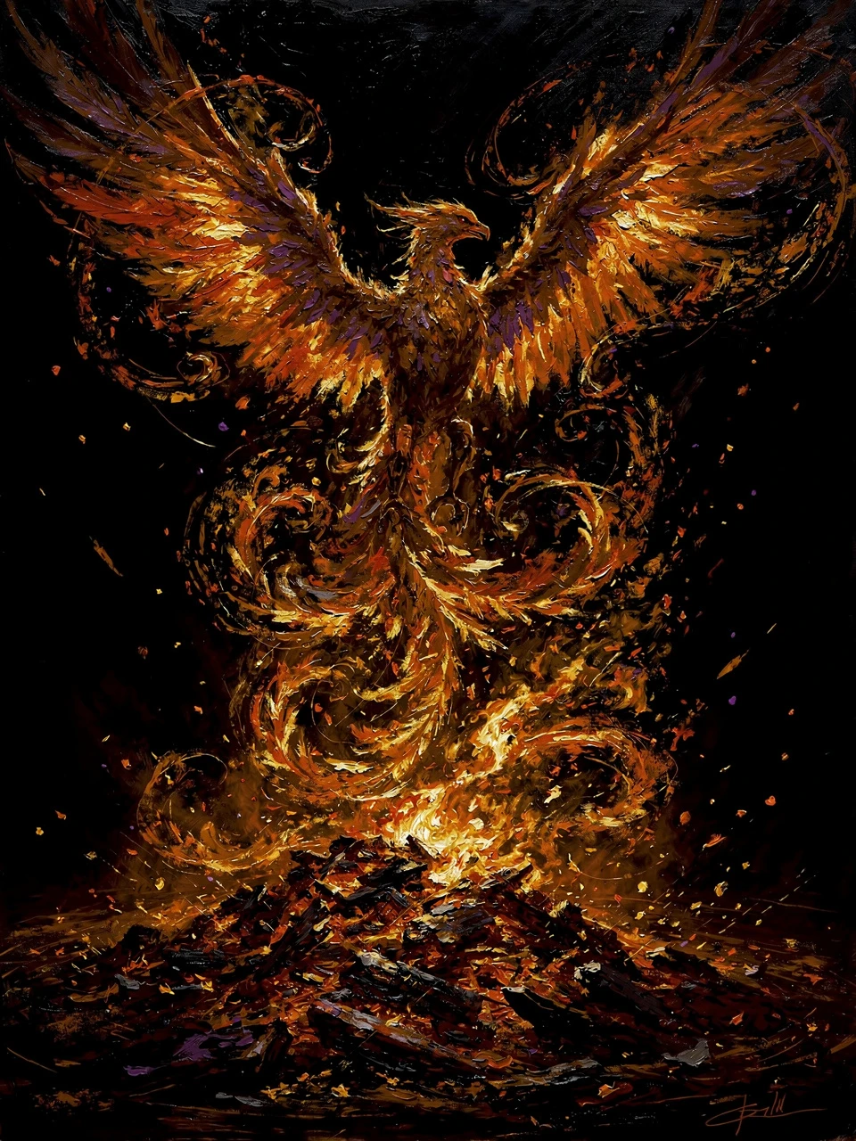 Majestic phoenix rising from glowing ashes in darkness