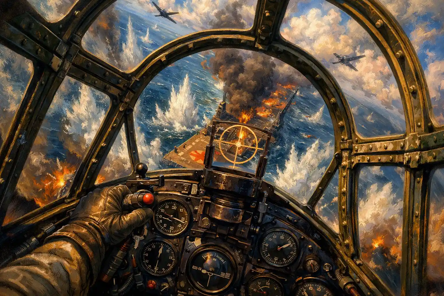 Dauntless cockpit diving toward a Japanese carrier below