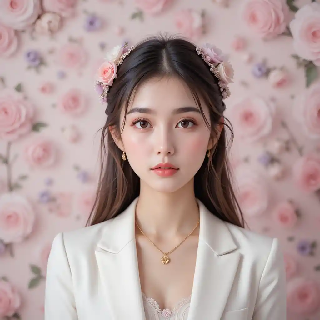 Young woman portrait with floral hairpiece and roses