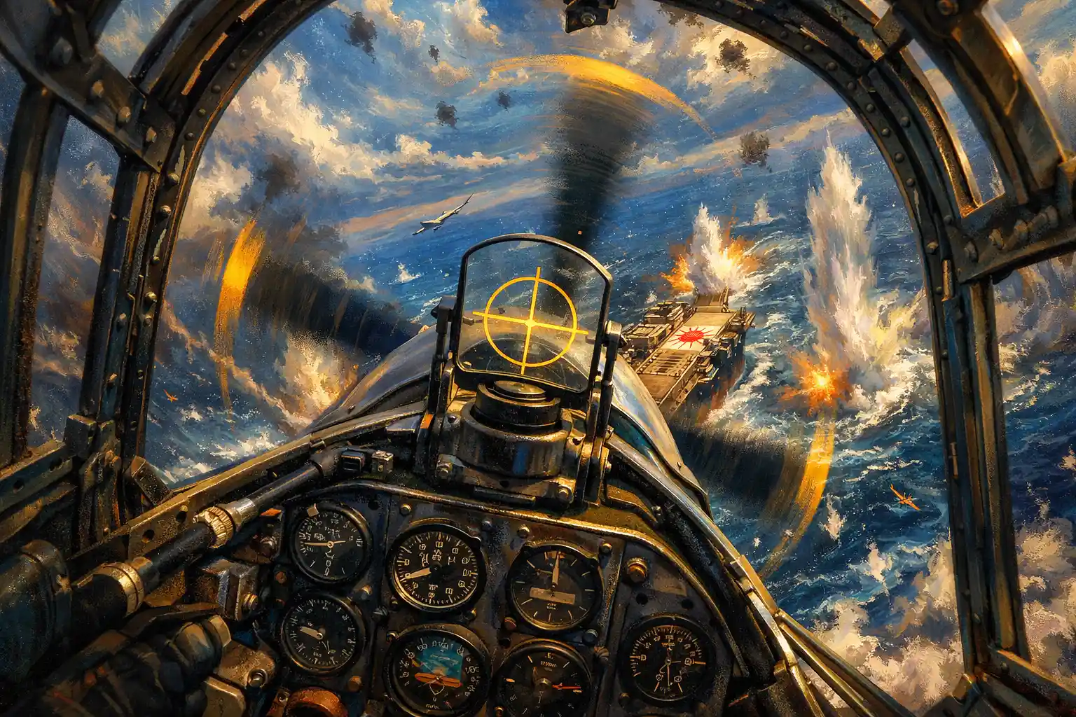 Dauntless cockpit diving toward a Japanese carrier below
