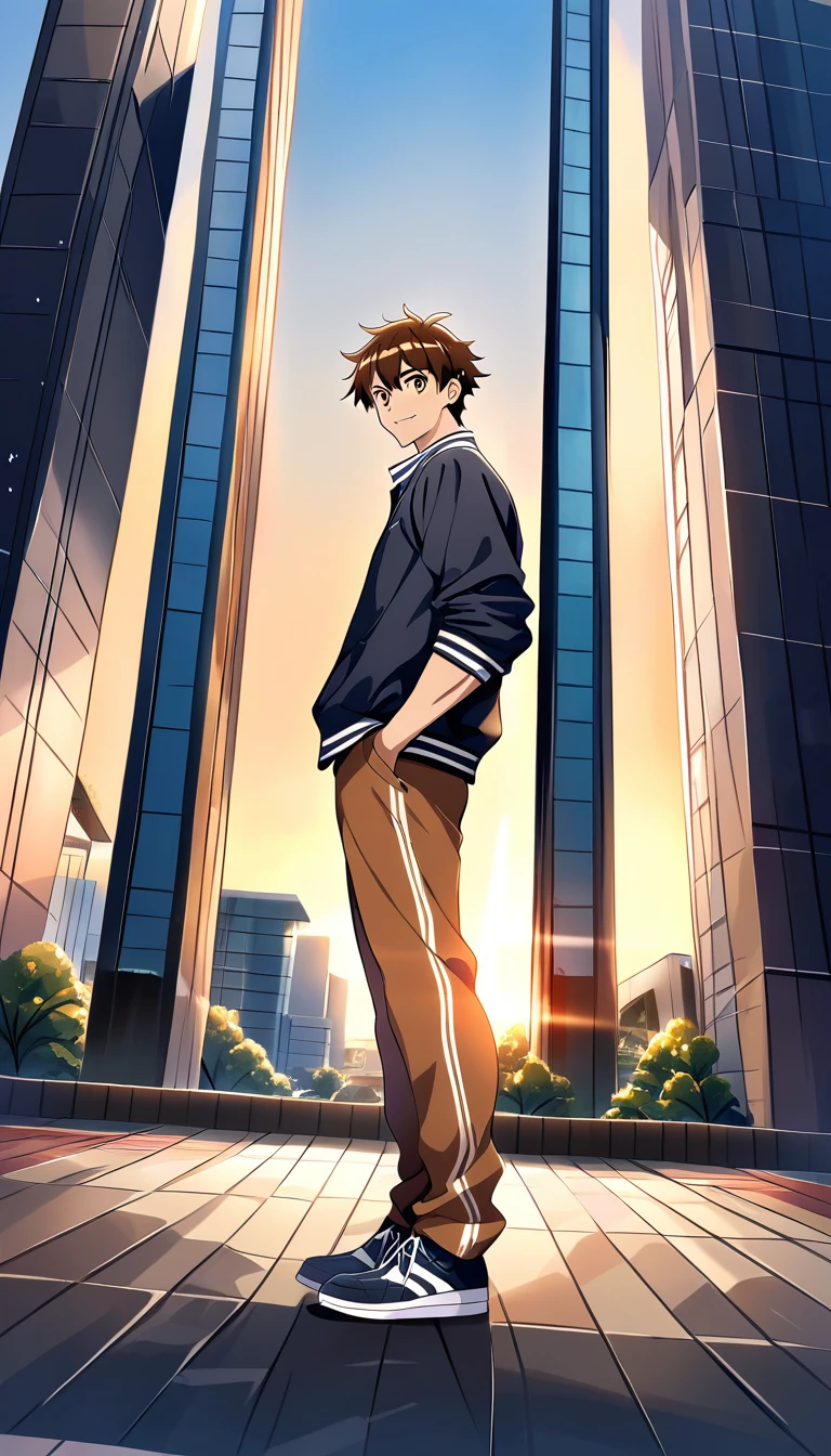 Homem atlético em estilo anime na luz quente do pôr do sol