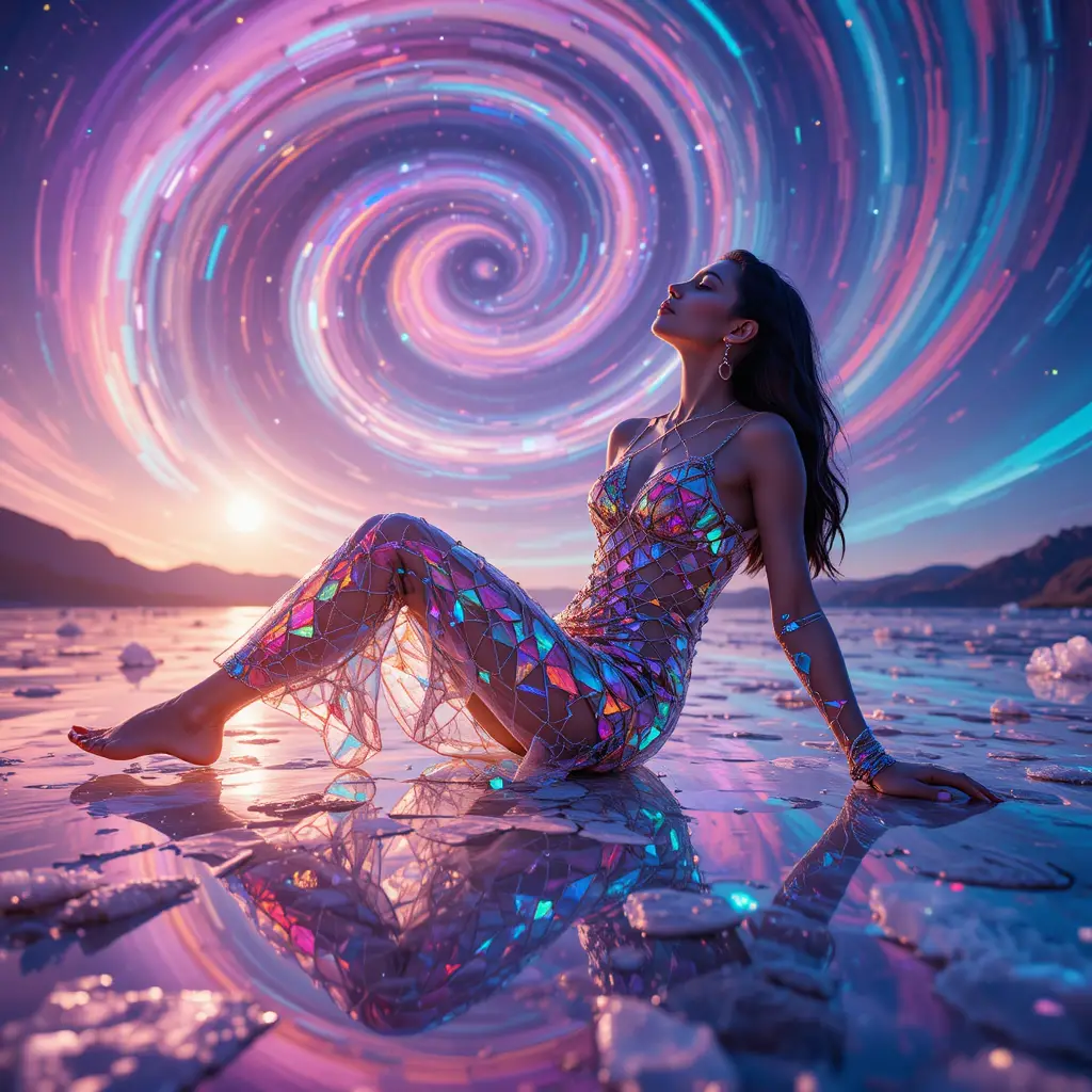 Reclining woman in crystal dress under refracted aurora sky