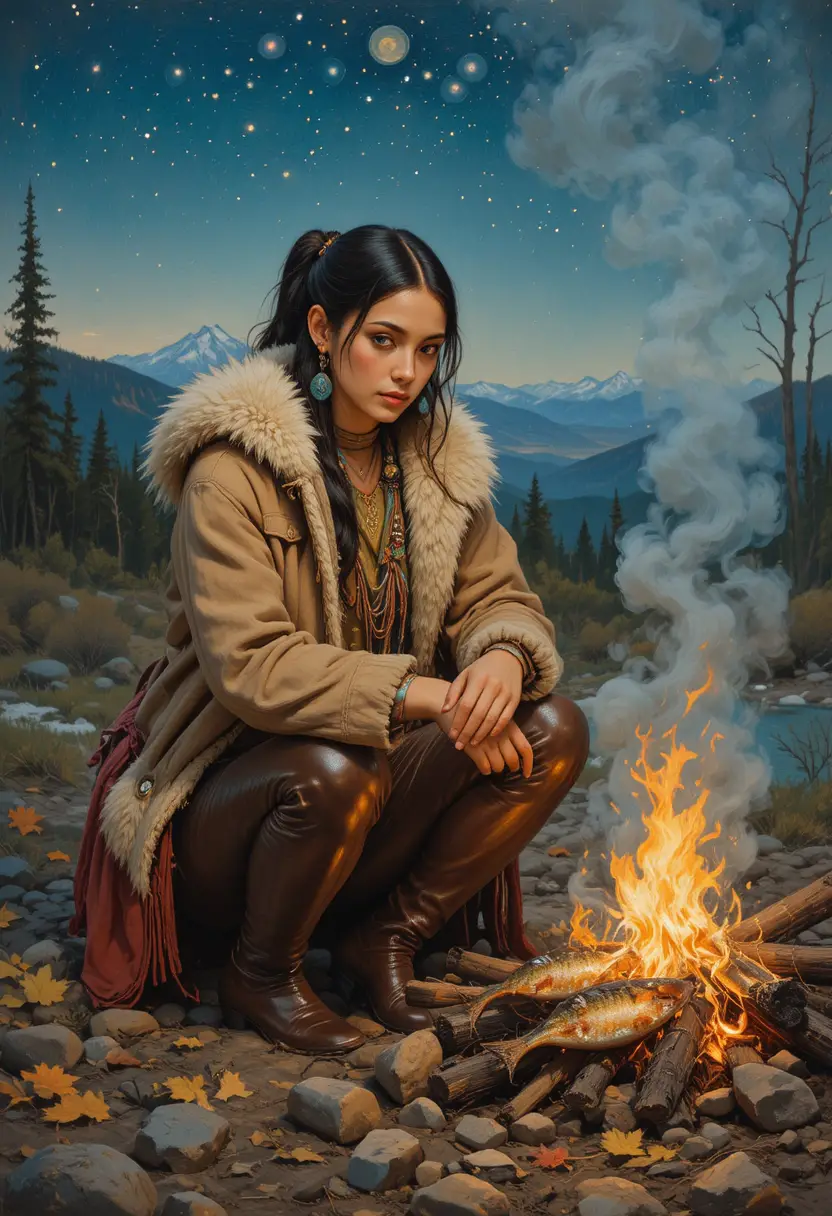 Native woman by a campfire under a starry autumn sky