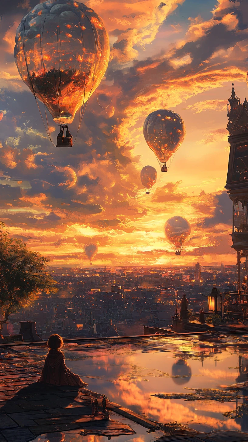 Chica en una azotea viendo pájaros globo al amanecer