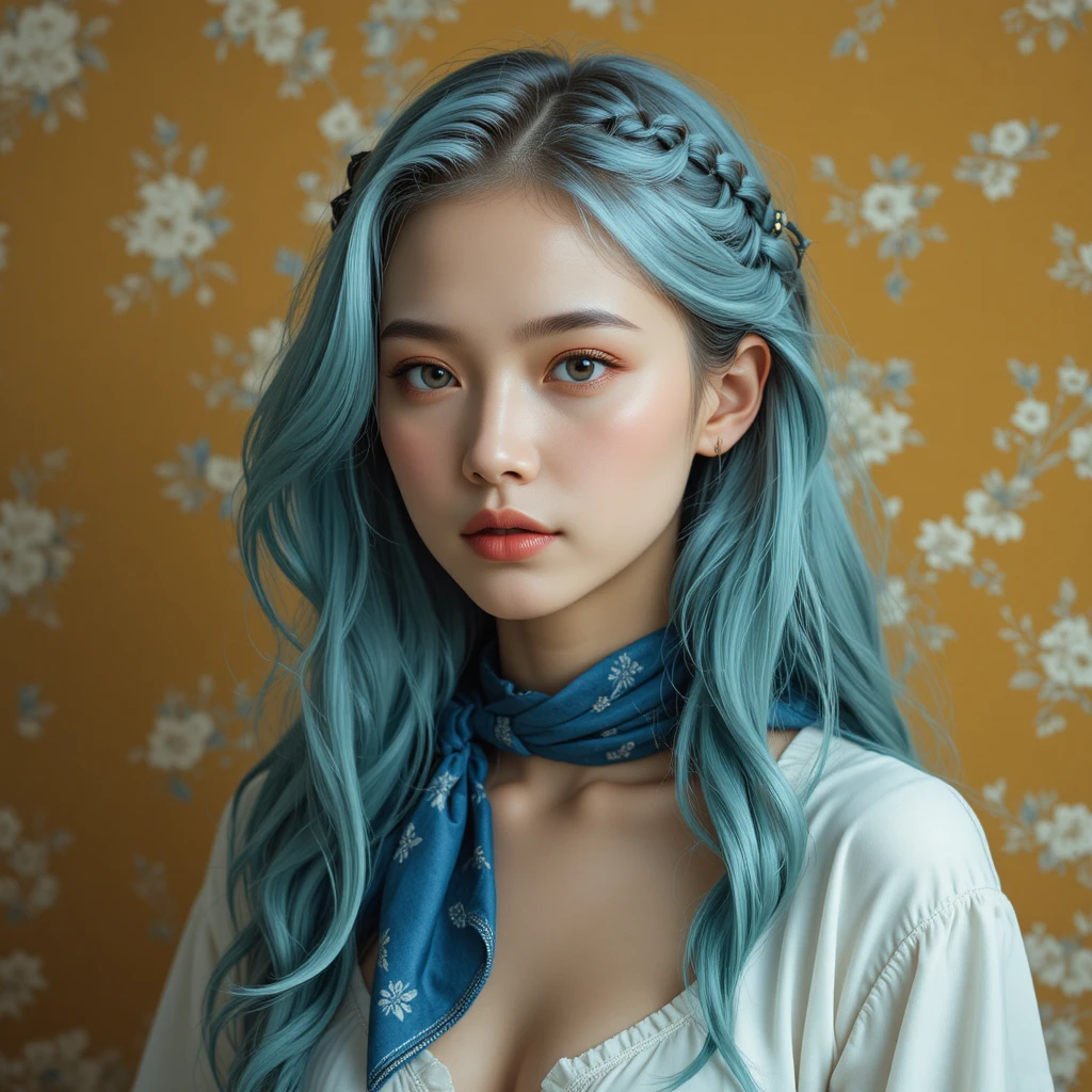 Portrait mélancolique d’une fille aux cheveux bleu sarcelle et papier peint floral