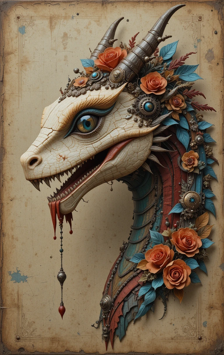 Mixed media profile portrait of a steampunk fantasy dragon