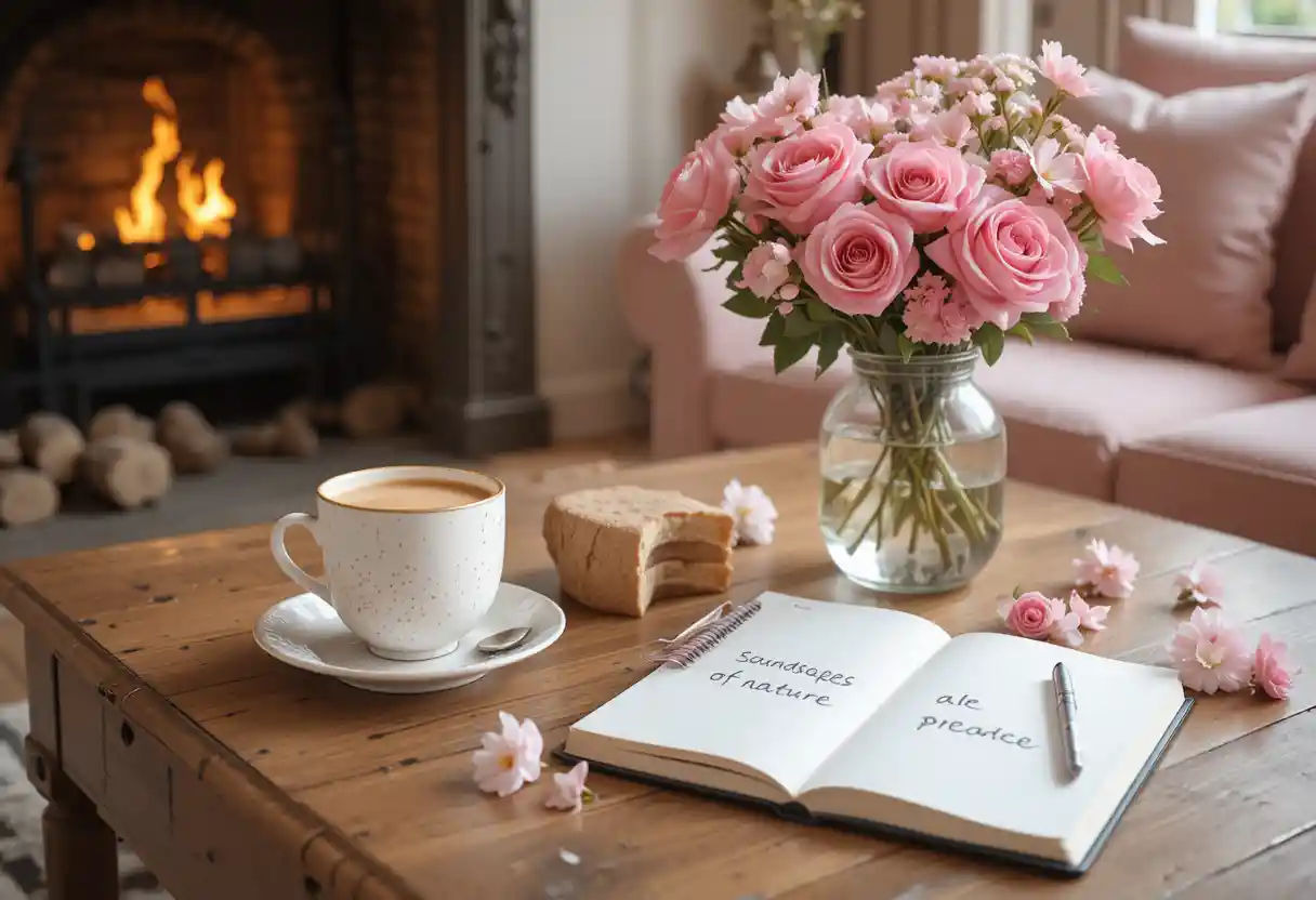 Cozy coffee table scene by sofa with flowers and notebook