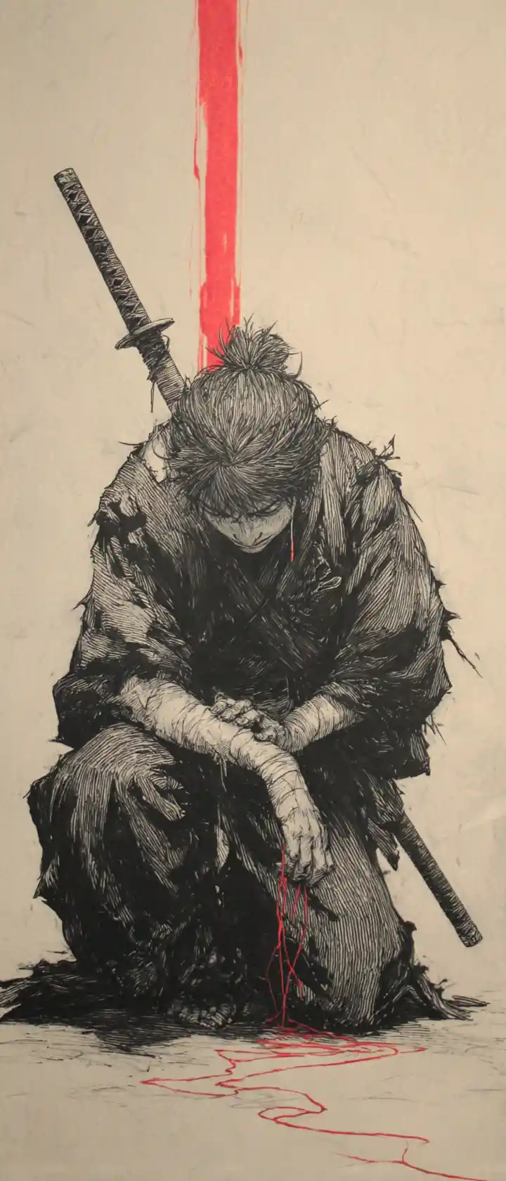 Kneeling samurai at crossed katana with glowing red fate thread