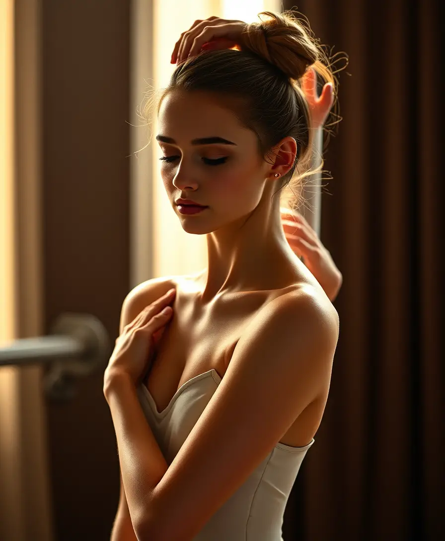 Bailarina de ballet estirando entre bastidores con luz suave y delicada