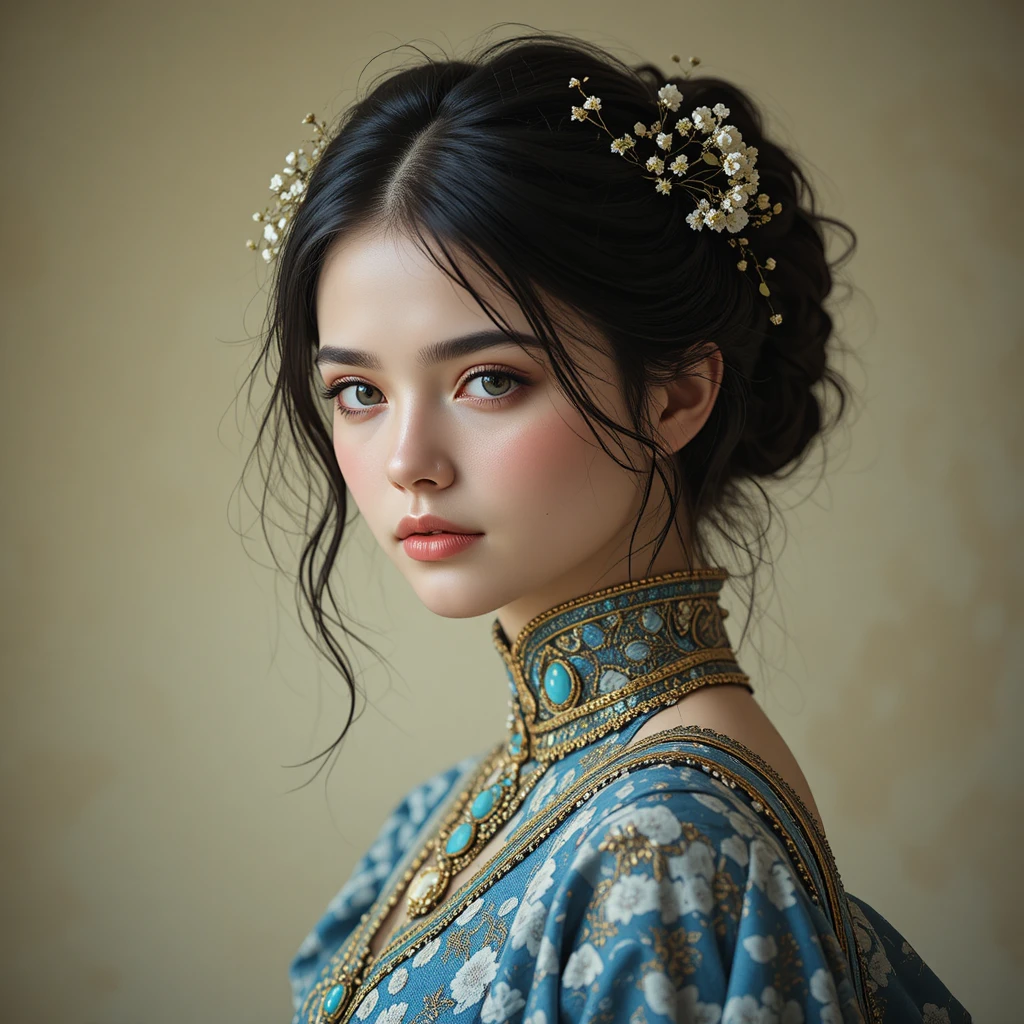 Junge Frau im verzierten Blumenkleid mit blauen Augen