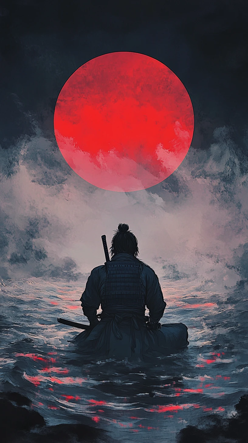 Einsamer Samurai kniet vor stürmischer See und roter Sonne