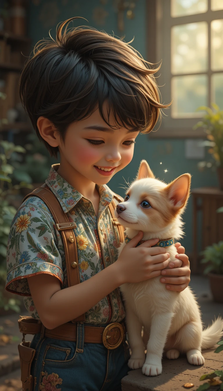 Joyful boy holding a tiny white puppy in vintage pencil art
