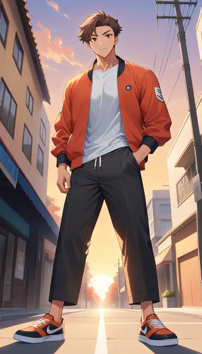 Confident young man in anime style at warm sunset