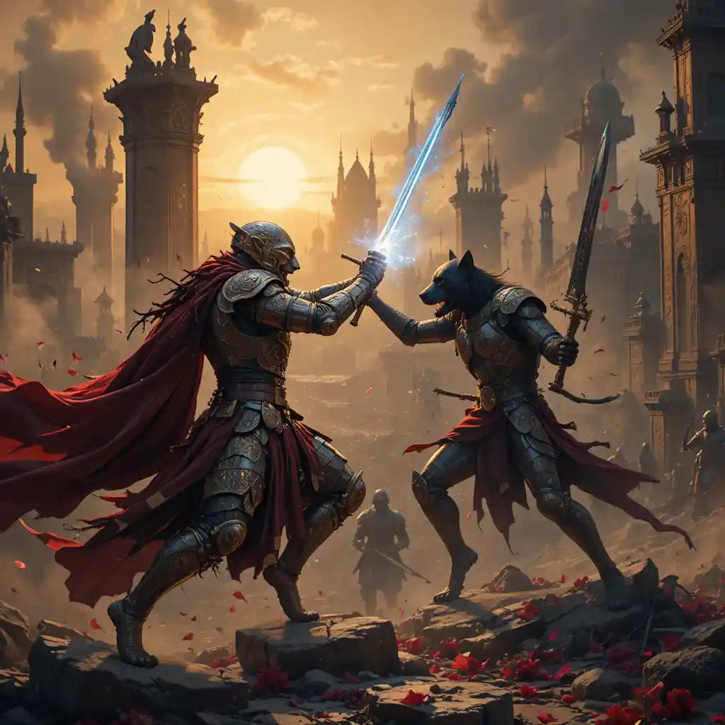 Leopard warrior lunges at armored dog in ruined city