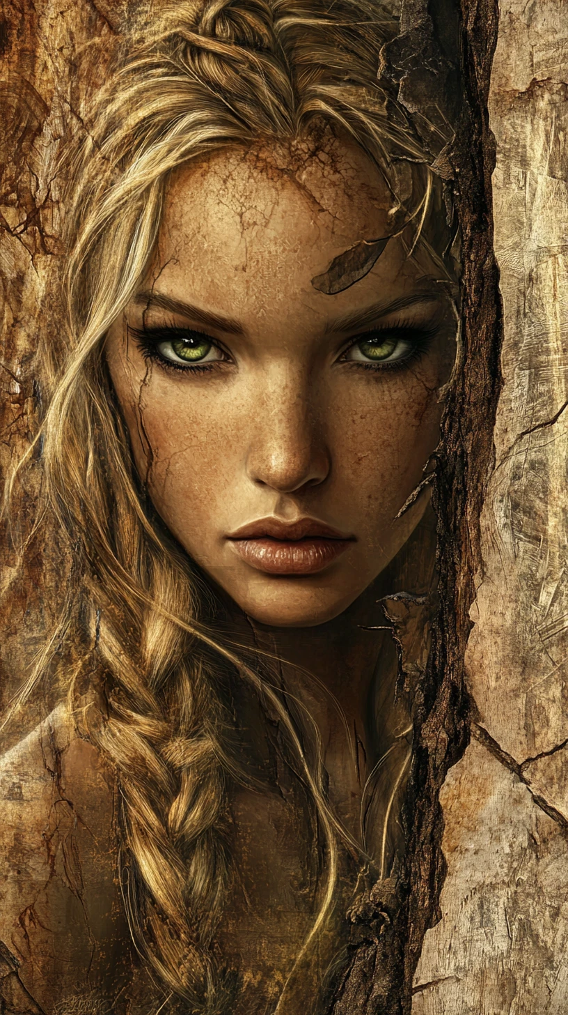 Stone huntress with green eyes in ancient fantasy ruins
