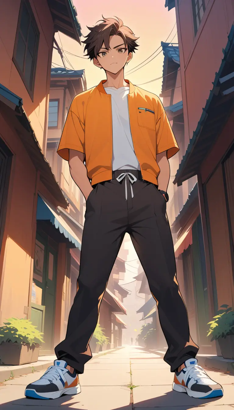 Joven confiado con estilo anime al atardecer al aire libre