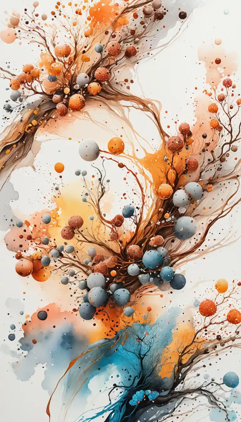 Abstract watercolor swirl with botanical ink details