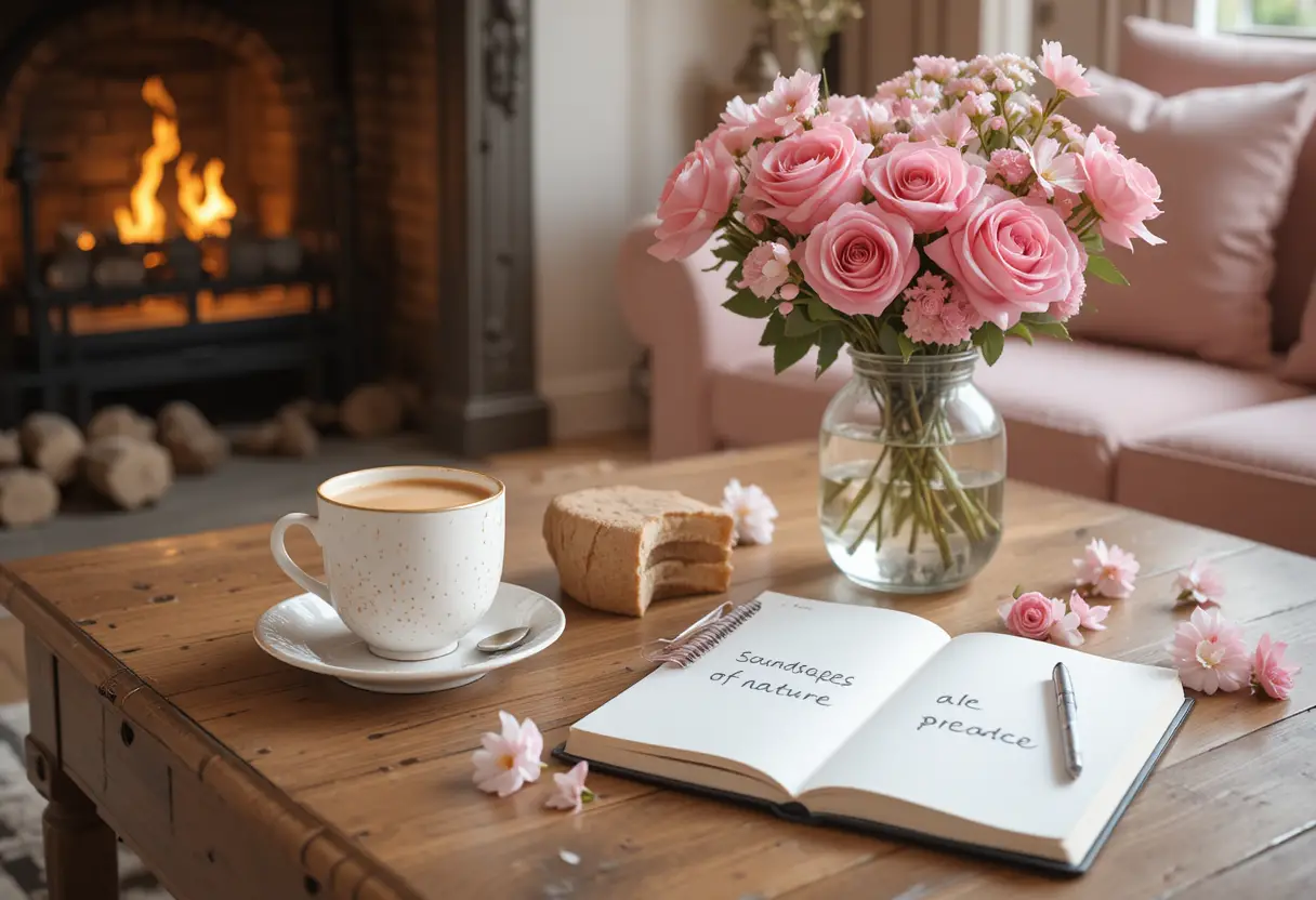 Cozy coffee table scene by sofa with flowers and notebook