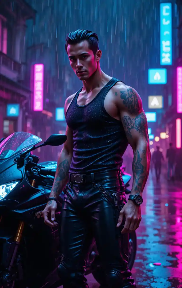 Muscular tattooed man by black sports bike in neon rain