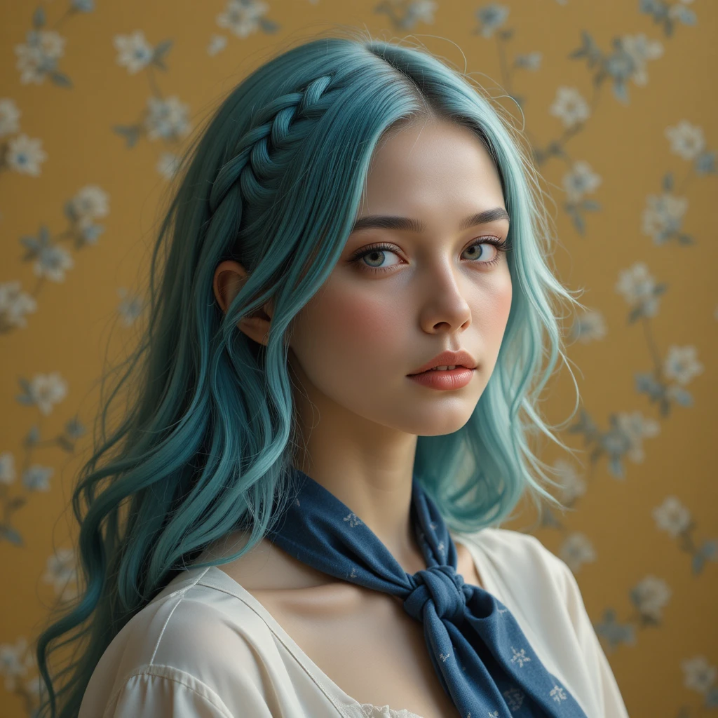 Melancholic girl with teal hair in a soft bust portrait