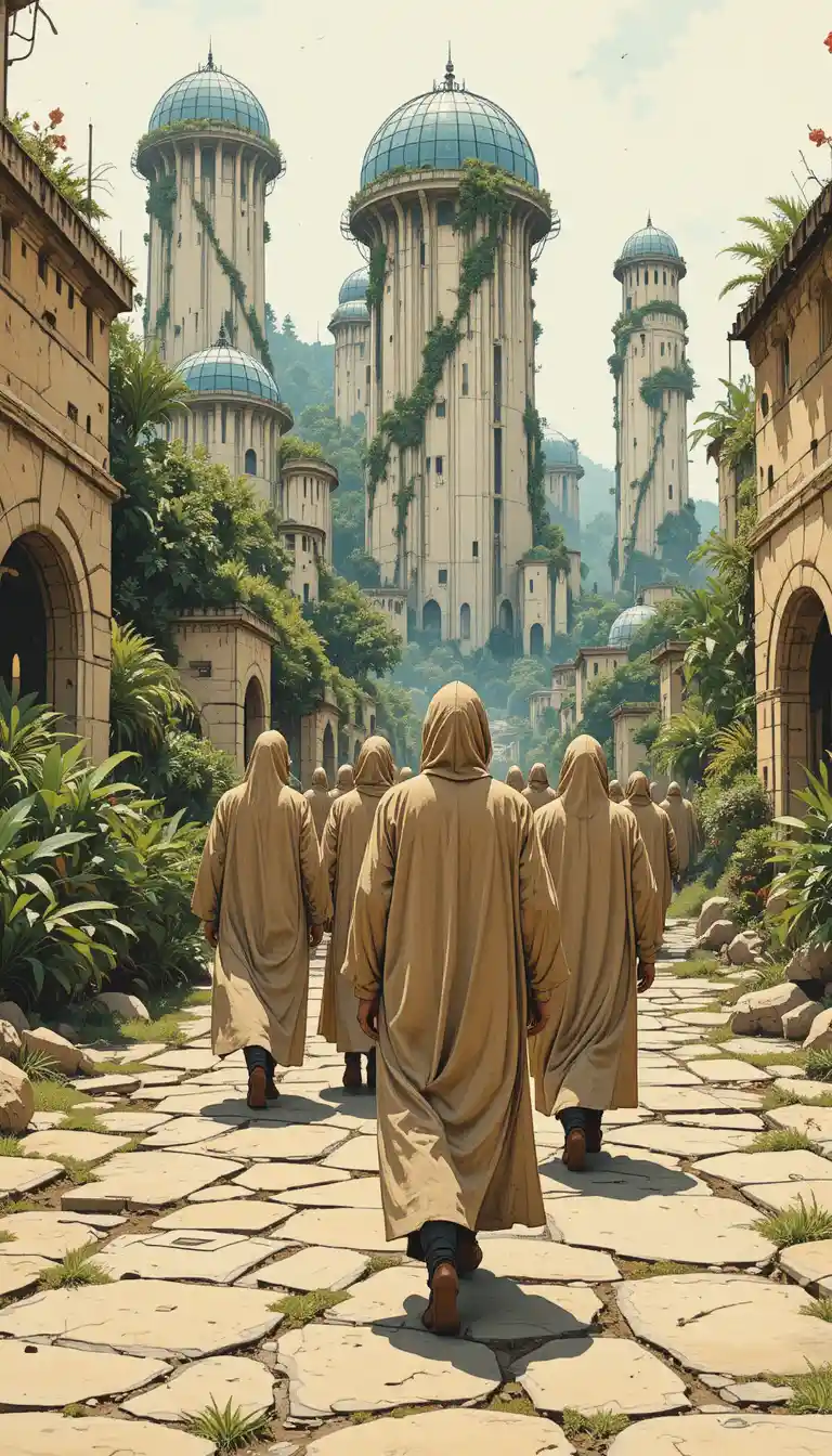 Hooded figures walking through a retro futuristic tropical city