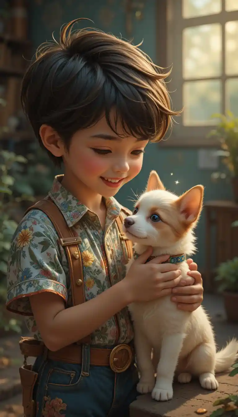 Joyful boy holding a tiny white puppy in vintage pencil art