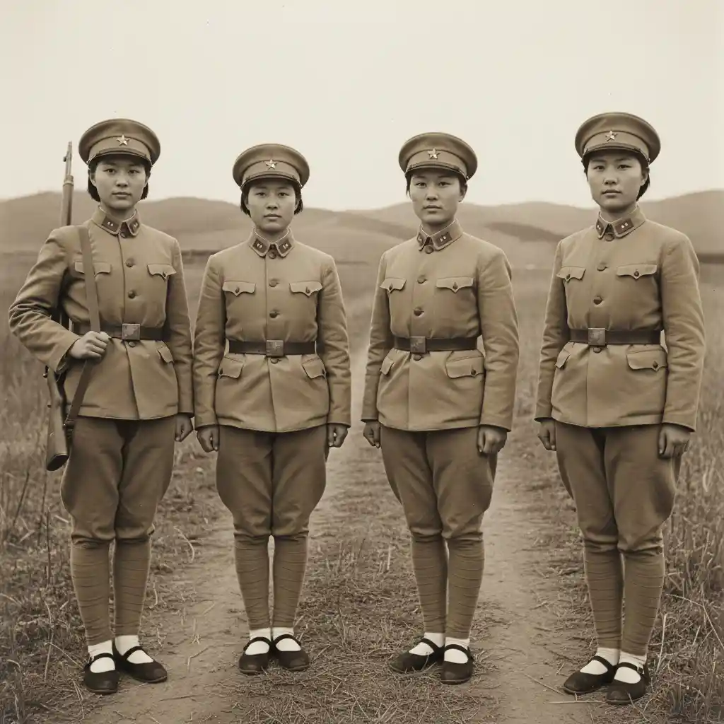 Chinese women soldiers in tan uniforms during wartime