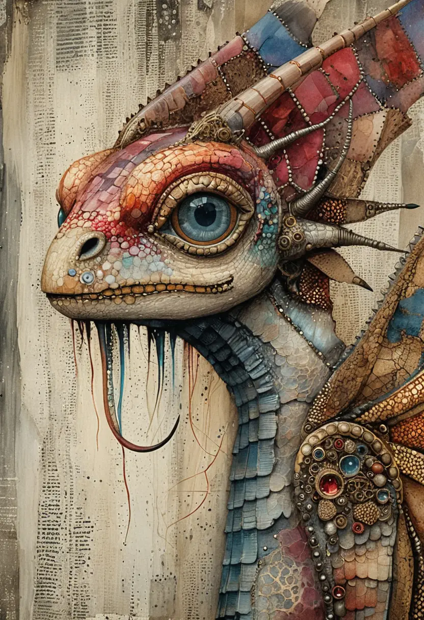 Steampunk mixed media portrait of a fierce fantasy dragon