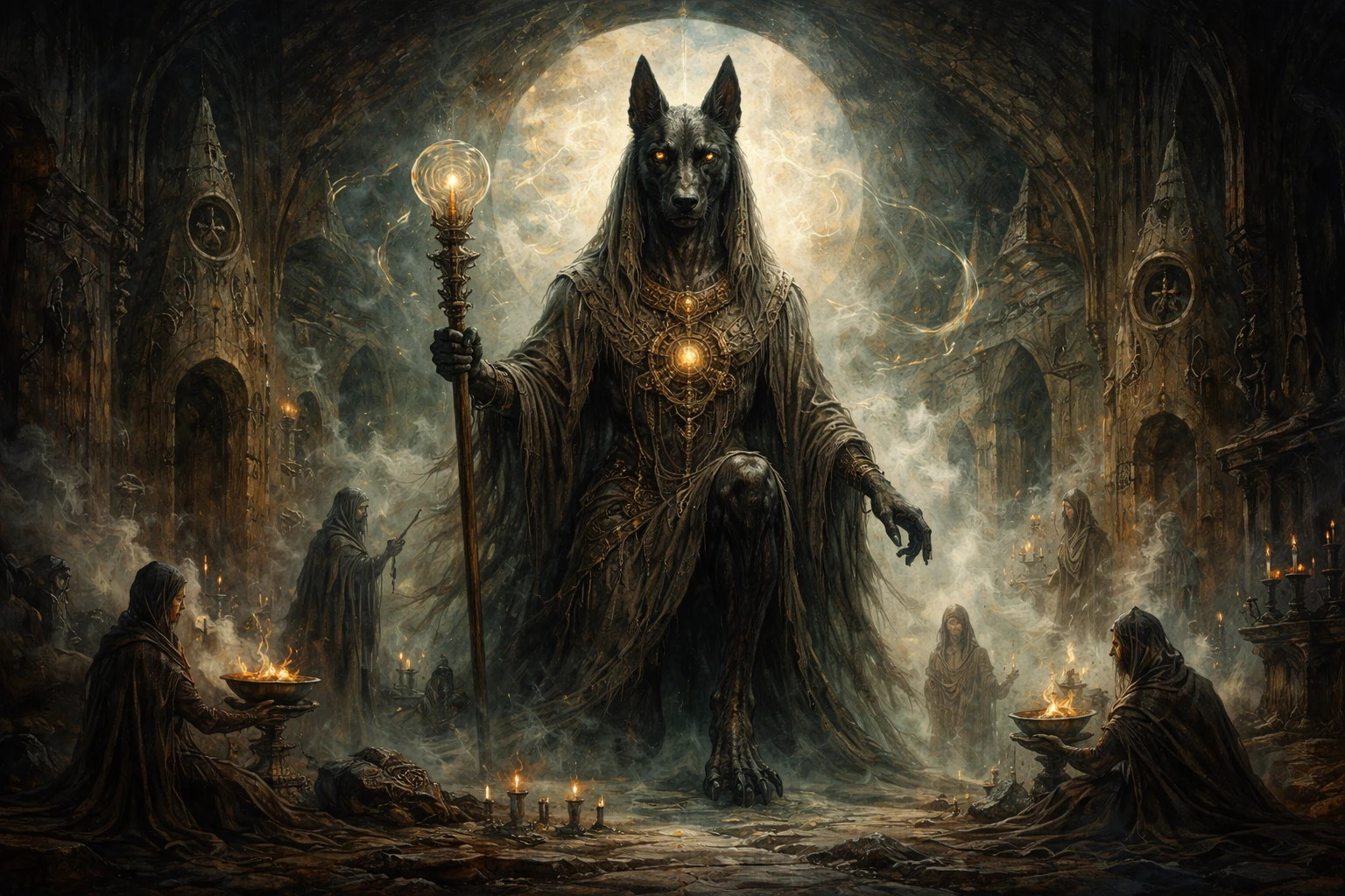 Surreal dog headed humanoid emerging in a mystical realm