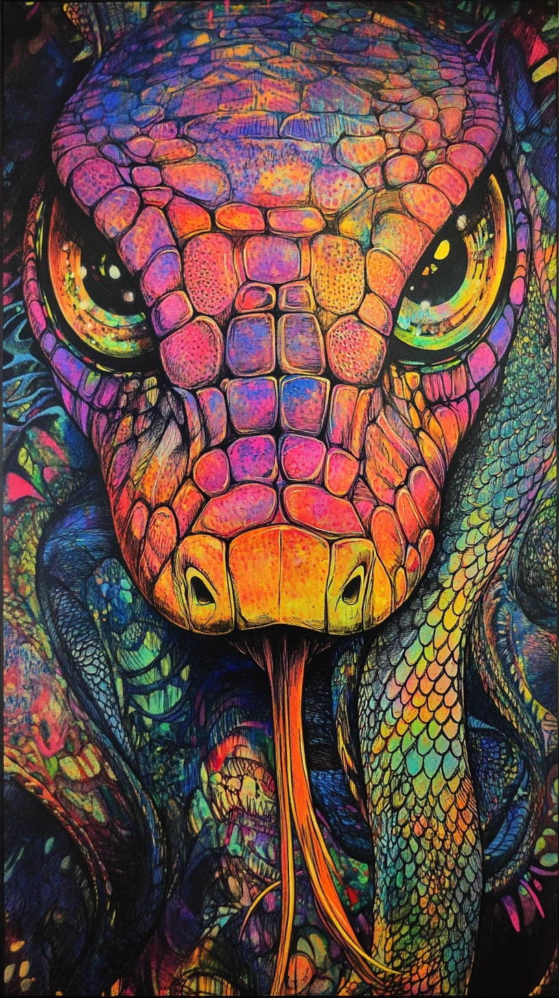 Surreal psychedelic snake with large eyes in abstract color
