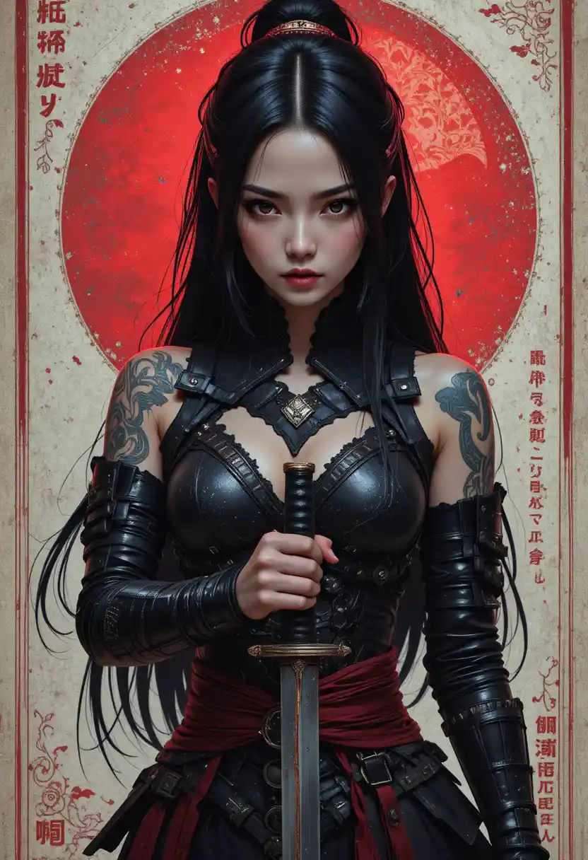 Tattooed anime warrior woman with katana and red backdrop