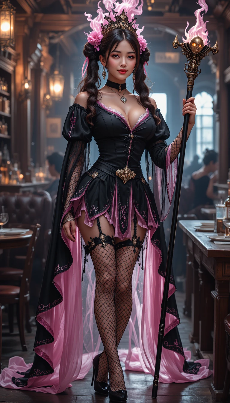 Hechicera coreana con atuendo negro y rosa en una taberna
