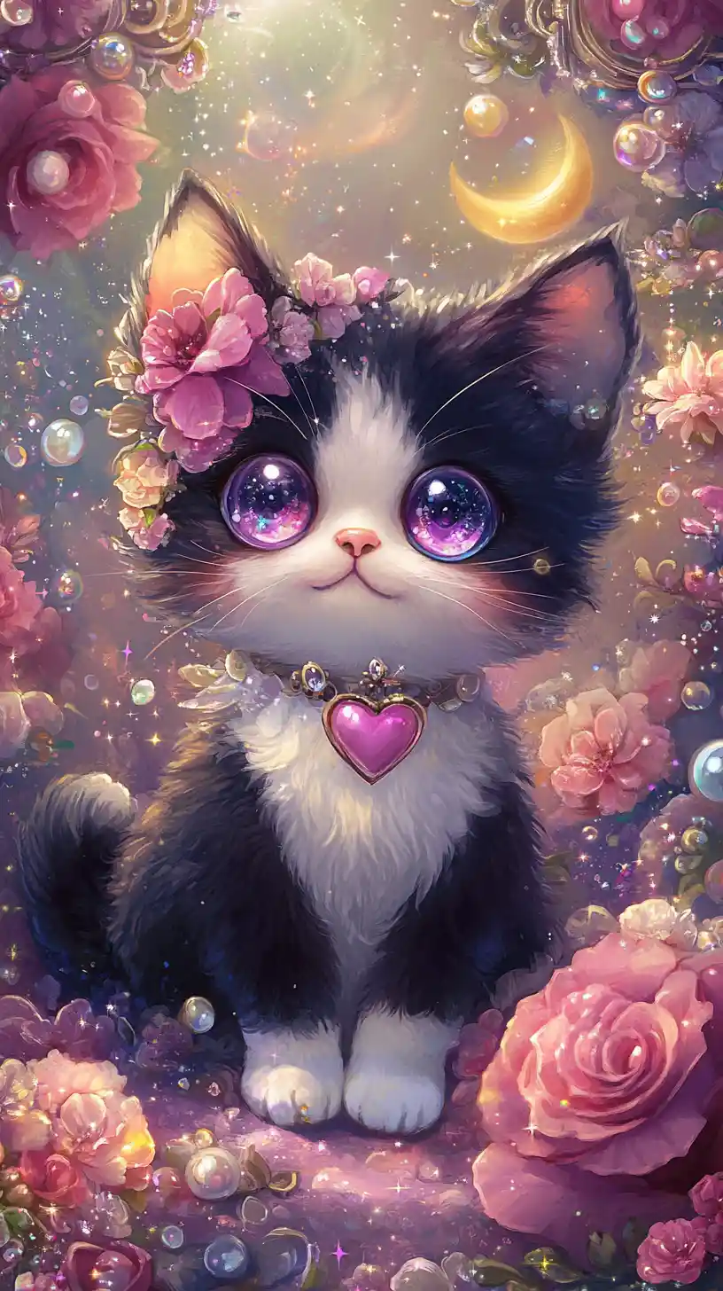 Adorable chaton fantastique aux yeux galaxie dans un jardin fleuri