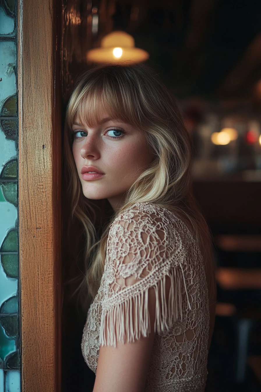 Thoughtful blonde woman in crochet dress at dim bar doorway